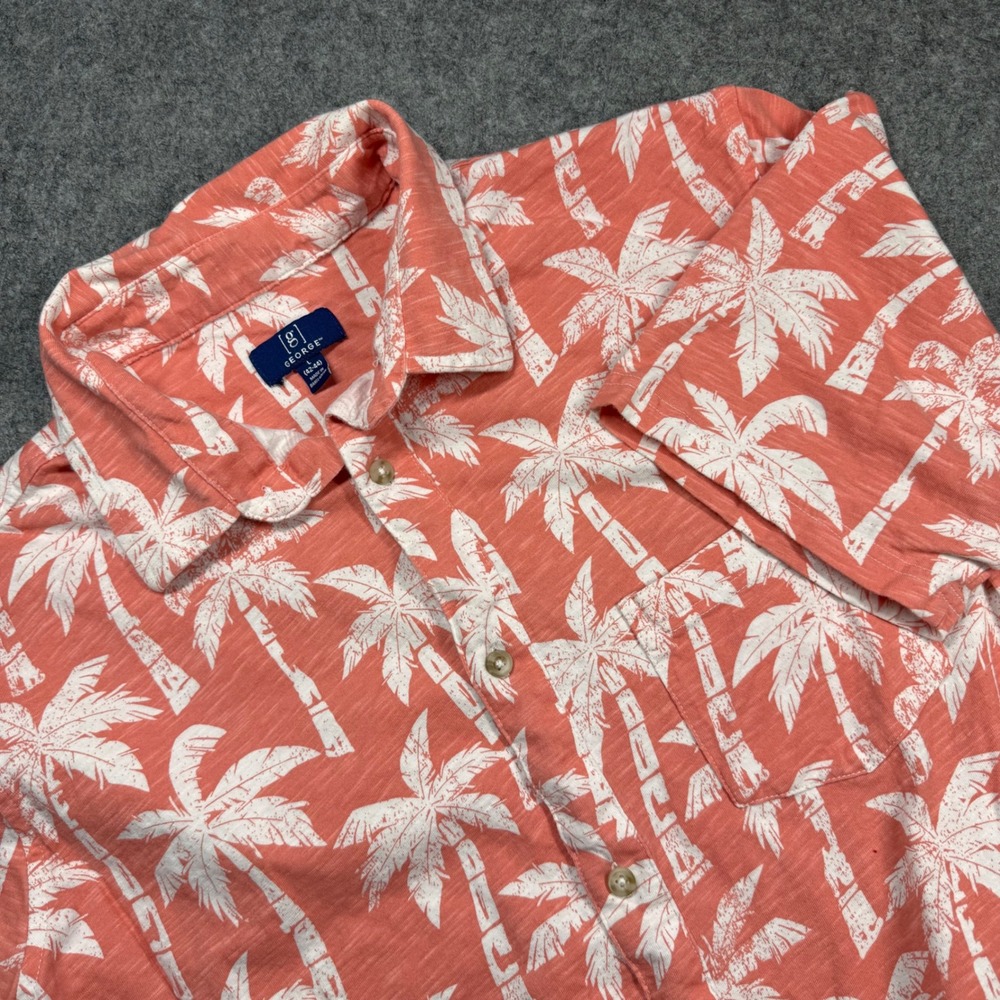 George‎ Mens Palm Tree Button Down Shirt Coral Peach Short Sleeve Cotton L 42-44
